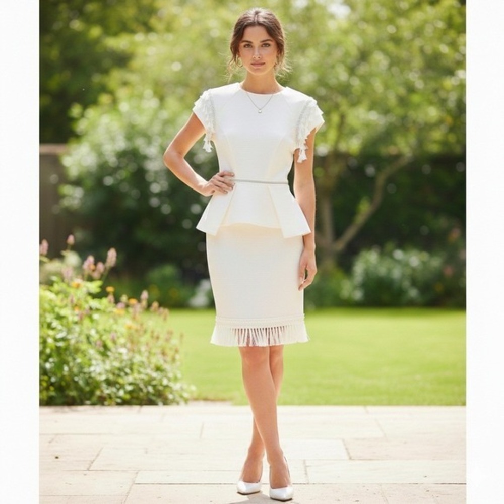 SHEIKE White Tassel 2 Piece Dress Set Peplum Midi Skirt Top Formal Bridal Size 8